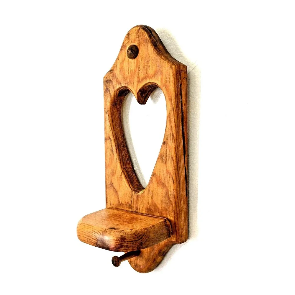 Vintage Pine Wood Peg Shelf with Heart Cutout Handmade Wall Hang Country Rustic